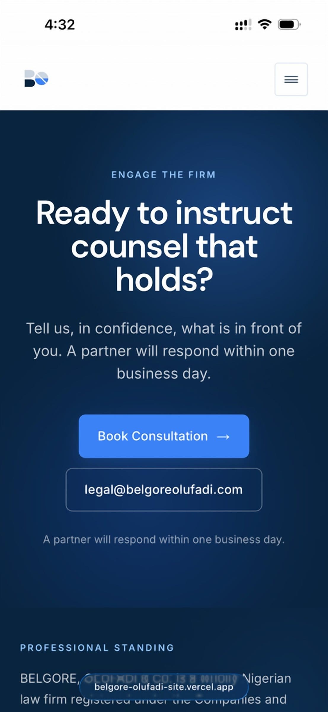 Belgore, Olufadi & Co.: Contact page on mobile